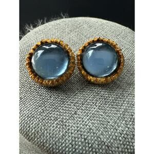 Vintage Aqua Carbachon Earrings Clip On Gold Tone Round Classic Capsule